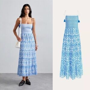 ALICE & OLIVIA Marna Mixed Blue Embroidery Smocked Sundress 12